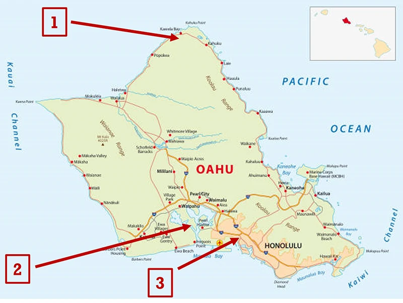 Situacin de la estacin de radar de Opana (1), de la base naval de Pearl Harbor (2) y del Centro de Informacin de Fort Shafter (3), en la isla de Oahu